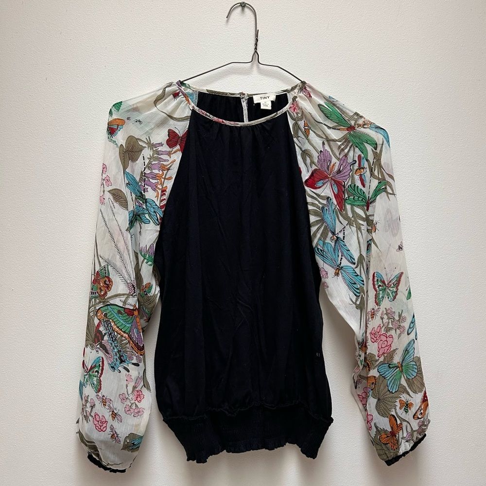 Anthropologie TINY Black and Multicolor Butterfly Bug Floral Blouse